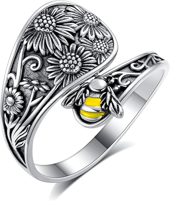 Midari Sun and Moon/Bee/Celtic/Life of Tree/Lotus Spoon Ring for Women 925 Sterling Silver Adjustable Ring Open Ring for Women Men Halloween Birthday Gift
