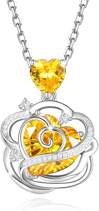 FANCIME Thornless Pulse Heart Birthstone Necklace for Women Sterling Silver Rose Pendant Fine Jewelry Gemstone Birthday Valentines Day Gifts for Wife Her
