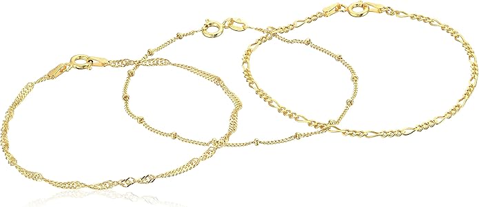 Amazon Essentials Set of Three Singapore, Figaro and Bead Station Chain Bracelet