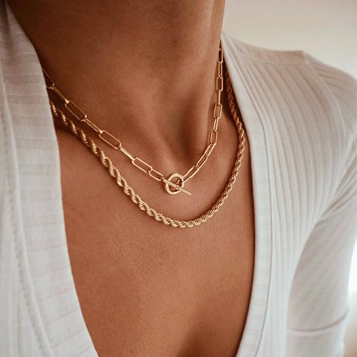 CHESKY Layered Necklaces for Women, 14K Gold Plated Chain Necklace Women Trendy Cuban Link Paperclip Chain Toggle Clasp Necklace Fashion Chunky Jewelry for Women