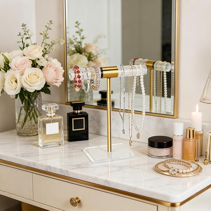 Necklace Holder Bracelet Holder, Gold Acrylic Jewelry Display Stand Crystal T Bar Jewelry Organizer Gift for Women(1-Tier 1pc)