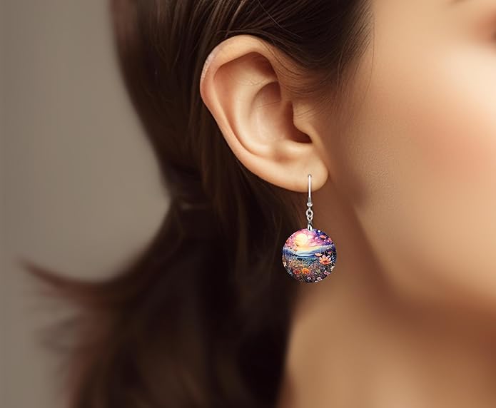 Round Wood Earrings Light Weight Printed Image Dangle Jewelry