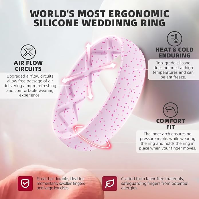 Egnaro Women's Bridal Rings Sets, Inner Arc Ergonomic Breathable Design Silicone Rubber Wedding Bands