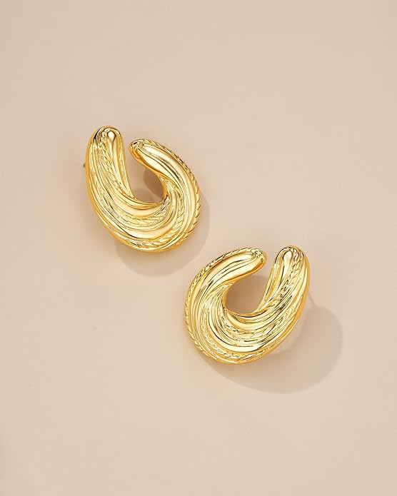 SNGIA18K Gold Plated Dangle Textured Ribbed Irregular Large Leaf Statement Earrings for Women by SNGIA, Handmade Dramatic Geometric Trendy Summer Drop Leaf Flower Jewelry Gifts, Bold Beachy Vintage Plant Fashion Drop Accessories, Vintage Nickle Free Fl...