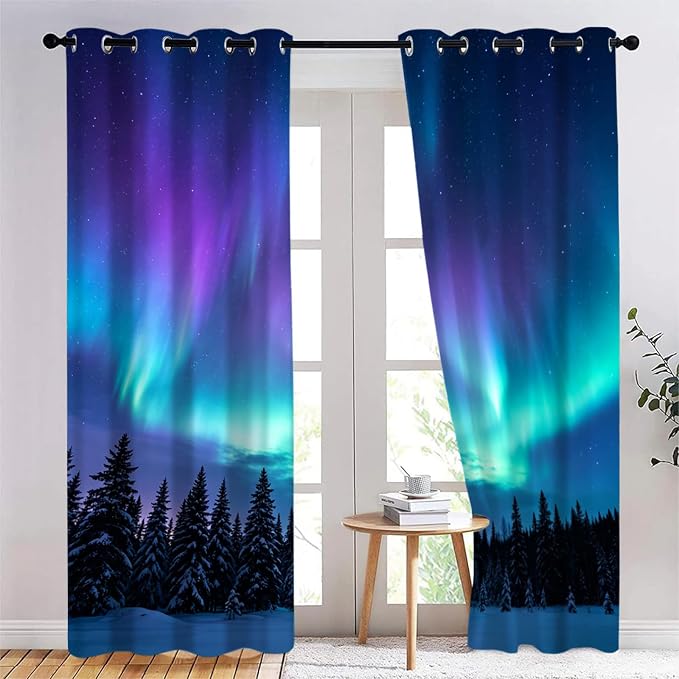 Aurora Snow Scene Curtains for Bedroom Blackout, Pine Tree Silhouette Curtains by Unknown