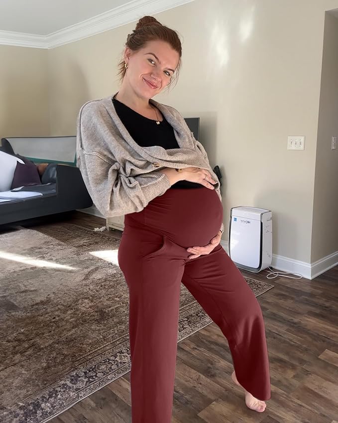 G4Free Maternity Pants Over The Belly Yoga Dress Work Pregnancy Pants Stretchy Lounge Wide Leg Trousers with Pockets
