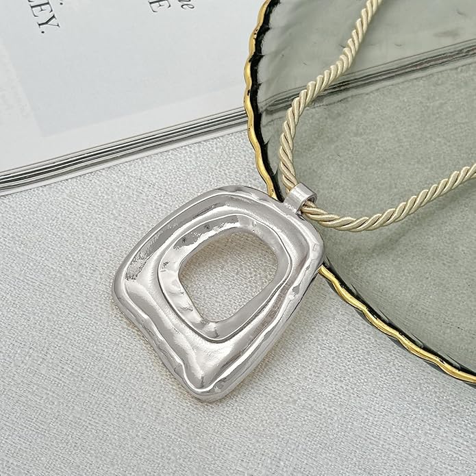 PLOUTOS Statement Modern Geometric Hollow Square Pendant Rope Chain Necklace for Women Bold Fashion Layering Collarbone Jewelry Party Wear Accessory