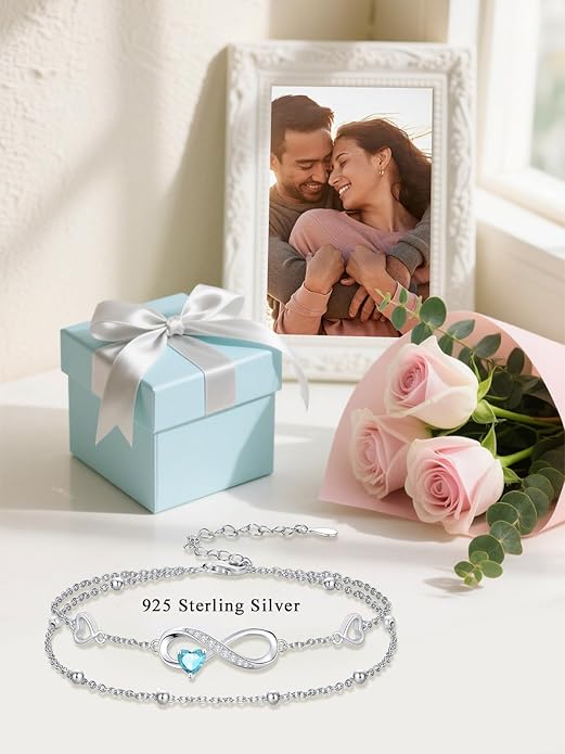 Dorunmo Infinity Heart Anklet Bracelet for Women 925 Sterling Silver Adjustable Infinity Birthstone Bracelet Friendship Jewelry Gifts for Women Birthday Christmas