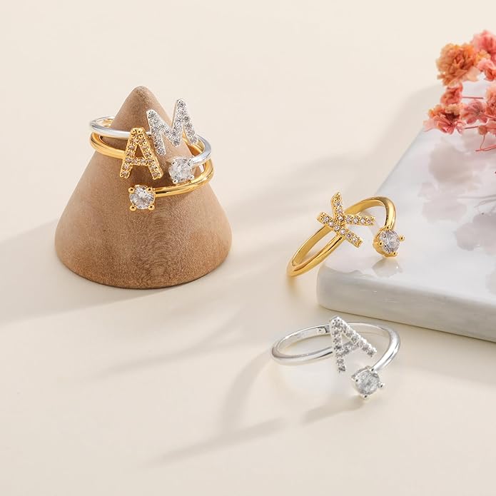 Valentines Day Gifts Gold Silver Initial Rings for Women Non Tarnish Dainty 14k Gold Plated Stackable Rings for Women Trendy Adjustable Letter Cubic Zirconia Pinky Ring Cute Open Birthday Gift Jewelry