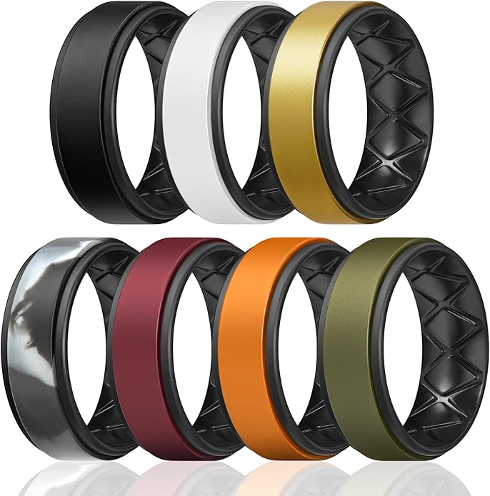 Egnaro Silicone Rings for Men 1/4/5/6/7 Multipack of Breathable Mens Silicone Rubber Wedding Rings Bands - Step Edge
