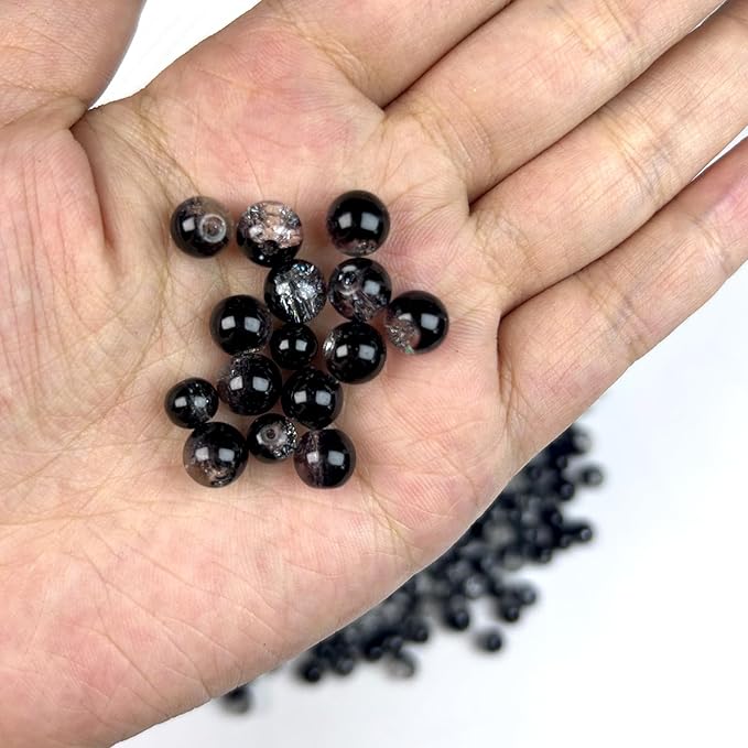 300pcs Crackle Glass Beads, 6mm and 8mm Black Crystal Glass Beads Round Loose Spacer Bulk Beads for DIY Craft Earring Necklace Bracelet Jewelry