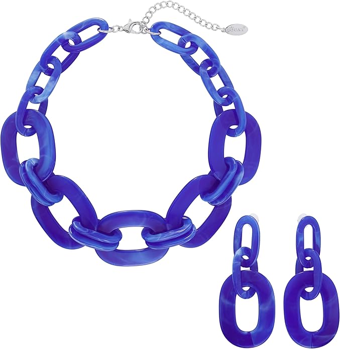 Bocar Acrylic Chunky Statement Necklace for Women Cube Link Chain Collar Necklace and Hoop Earrings Costome Jewelry Set