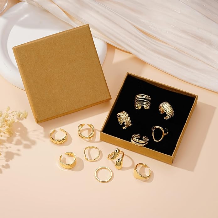 YOOSTEEL Valentines Day Gifts for Her Womens Chunky Gold Rings - 12 PCS Hypoallergenic 14K Gold Plated Thick Stackable Open Rings for Women Non Tarnish Dainty Gold Adjustable Ring Stack Set Trendy Jewelry