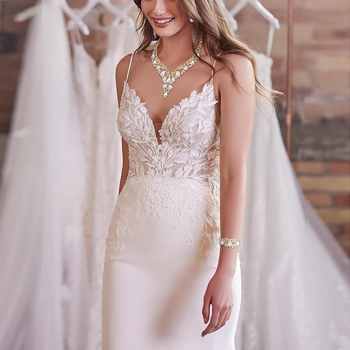 BriLove Women's Wedding Bridal Austrian Crystal Teardrop Flower Cluster Statement Necklace Dangle Earrings Jewelry Set for Party Prom