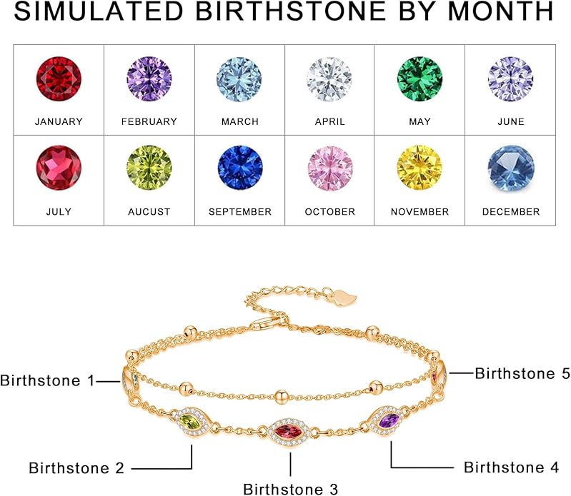 Evil Eye Birthstone Charm Link Bracelet 925 Sterling Silver Evil Eye Bracelet with 12 Months Birthstone Birthday Jewelry Gifts for Women Mom Her,Chain Length 7"+2" Extend