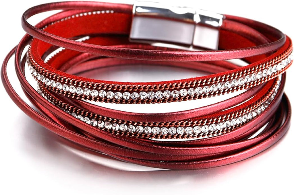 Fesciory Leather Wrap Bracelets for Women, Boho Leopard Multi-Layer Crystal Beads Cuff Bracelet Jewelry