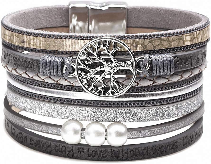 Fesciory Leopard Bracelet for Women, Boho Leather Wrap Multi-Layer Pearl Crystal Bracelet Bangle Jewelry