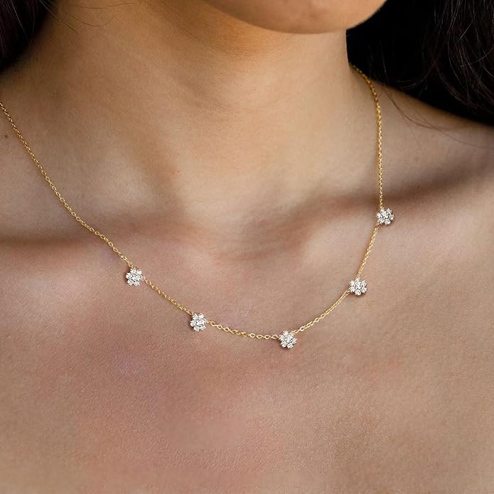 VRIUA Necklaces for Women - 14K Gold/Silver Plated Dainty Chain Necklace with Five Charms: Diamond, Bow, Snowflake, Cross, Flower, Clover, Butterfly, Heart, Star of David, and Star Trendy Jewelry