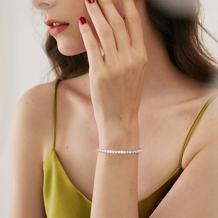 Moissanite Tennis Bracelet 1.79ct-8.69ct Adjustable Bracelet for Women 18K White Gold Plated S925 Sterling Silver Tennis Bracelet D Color VVS1 Round Cut 2/3/4mm Moissanite Bracelet Gifts for Wife/Mom