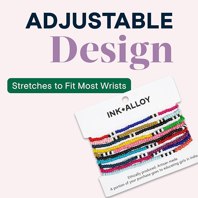 INK + ALLOY 10-Strand Stacking Beaded Bracelets for Women – Mixed Patterns Bracelet Stack - Adjustable Stretch Fit - Handmade Boho Bracelets for Women - Perfect for Any Occasion