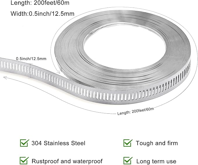Hose Clamps, DIY 200 FT Metal Strap + 80 Fasteners, Hose Clamps Stainless Steel - Image 3