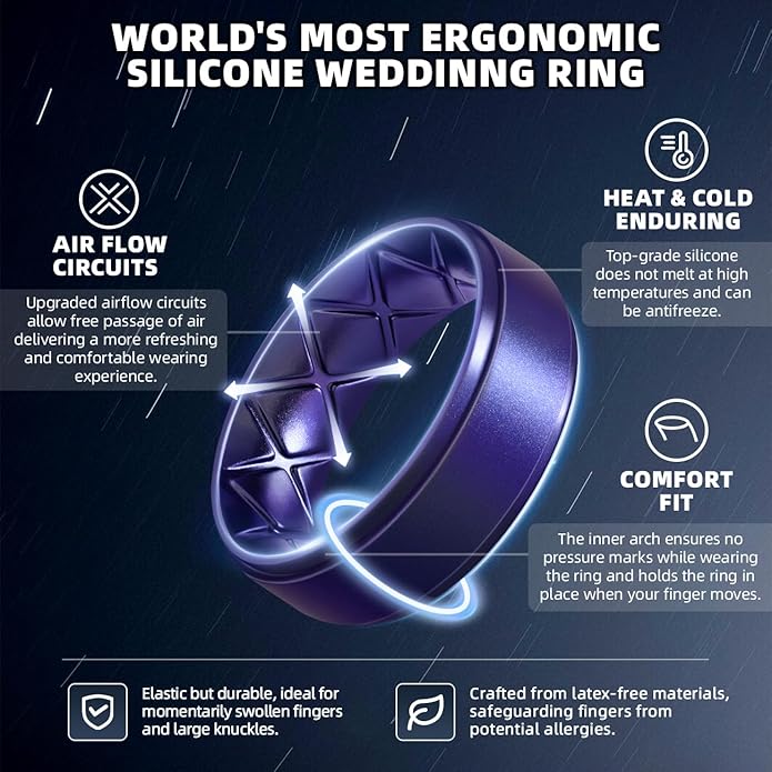 Egnaro Men's Rings 8.5mm Wide-2mm Thick Inner Arc Ergonomic Breathable Rubber Wedding bands-Hypoallergenic for Gym/Outdoor/Gift((1-7 Variety Pack with Half Size)