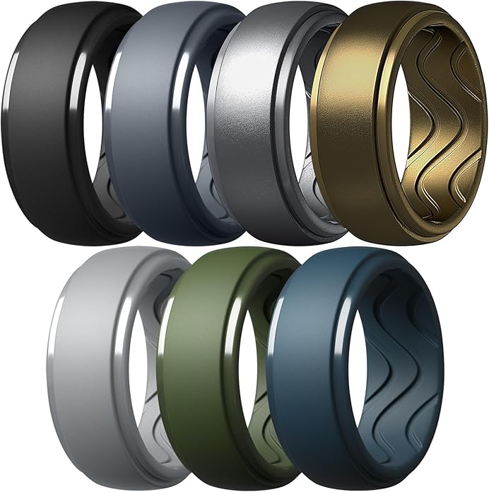 Egnaro Men's Silicone Rings 10mm Wide 2.5mm Thick, Rubber Wedding Bands with Inner Arc Ergonomic Breathable Design, 1/4/5/7 Variety Multipack