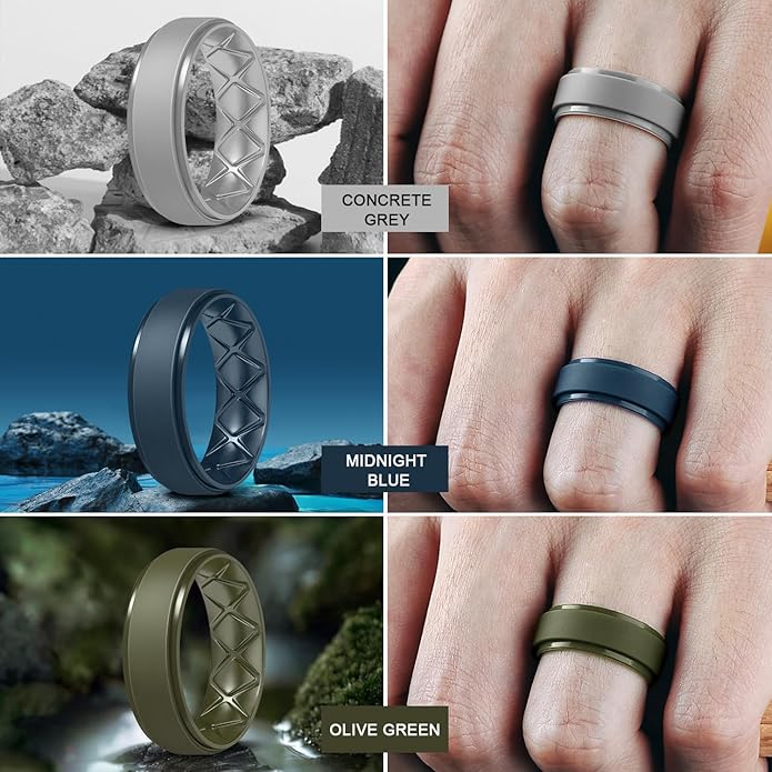 Egnaro Men's Rings 8.5mm Wide-2mm Thick Inner Arc Ergonomic Breathable Rubber Wedding bands-Hypoallergenic for Gym/Outdoor/Gift((1-7 Variety Pack with Half Size)