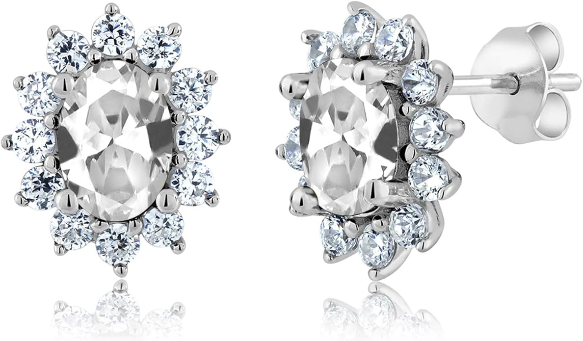 Gem Stone King 7X5MM Oval Gemstone Birthstone Stud Earrings For Women | Princess Diana Royal Halo Style | 925 Sterling Silver | Fine Jewelry Gifts for Anniversary Wedding Her Mom Women Wife