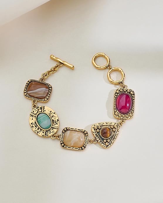 Vintage Geometric Stone Charm Bracelets for Women Trendy Chunky Gold Chain Link Bracelet Boho Statement Bangle Bracelets Jewelry