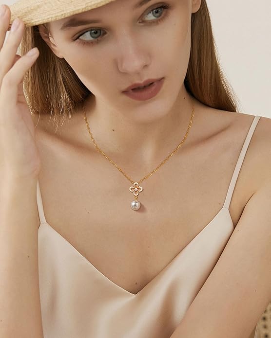 Pearl Necklace for Women with 14K Gold Plated S925 Silver & Butterfly Pendant Necklace, 17.7"+2" Chain Length, Gift for Birthday, Mothers Day, Christmas, Anniversary, Graduation