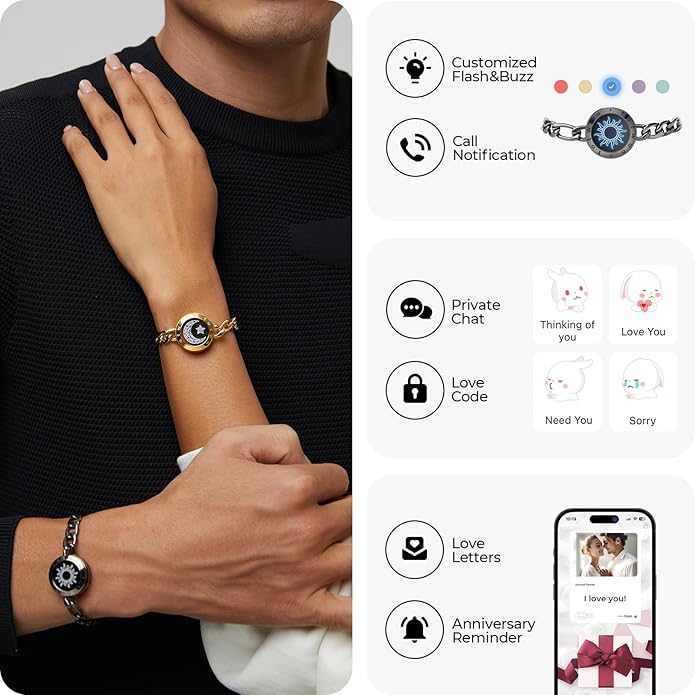 TOTWOO Long Distance Touch Bracelets for Couples, Smart Light & Vibration Love Jewelry, Long Distance Valentines Day Gifts for Him Her Women Men, One-to-One Bluetooth Pairing via App
