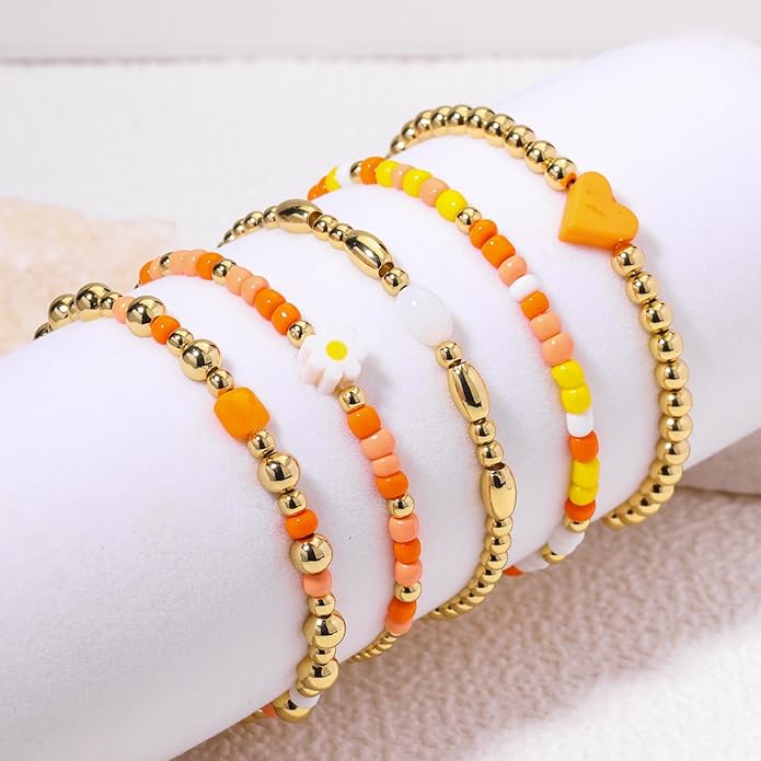Gold Bracelets for Women Waterproof, 14K Gold Plated Beaded Cross Bracelets Set,Boho Stretch Bracelets Stackable Jewelry for Women Teenage Girls Jewelry Christmas Gifts