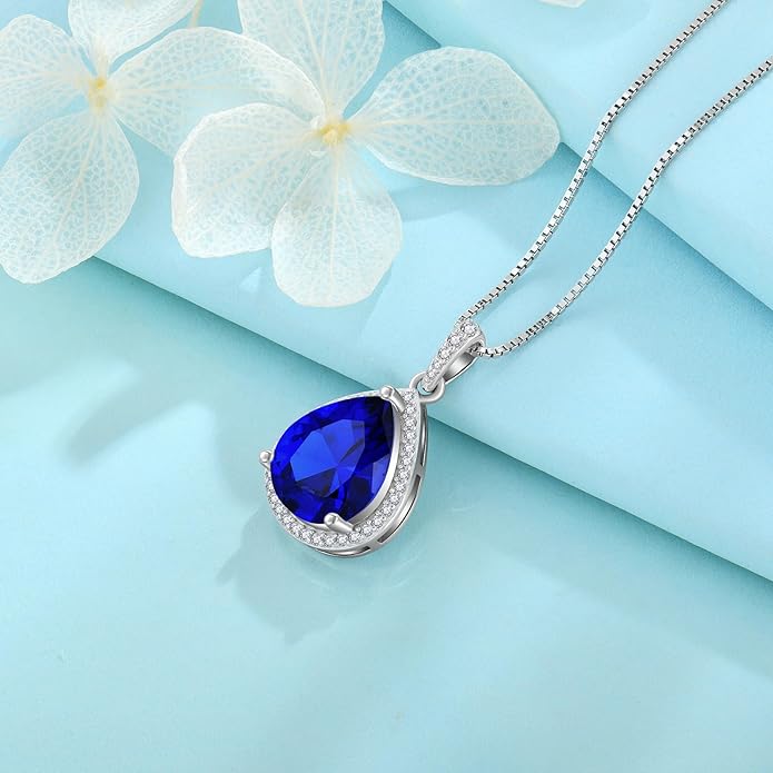 FJ Teardrop Pendant Necklace 925 Sterling Silver Birthstone Jewelry Gifts for Women