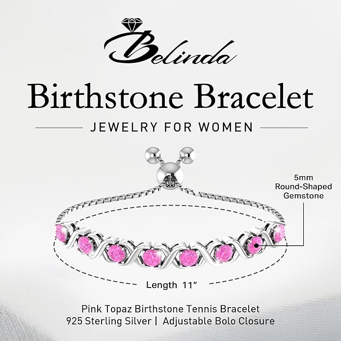 Birthstone Bangle Bracelet for Women Classic Beautiful 925 Sterling Silver Sparkling Gemstone XO Bolo Tennis Bracelet Fine Wrist Jewelry 4.2 Ct, 11"