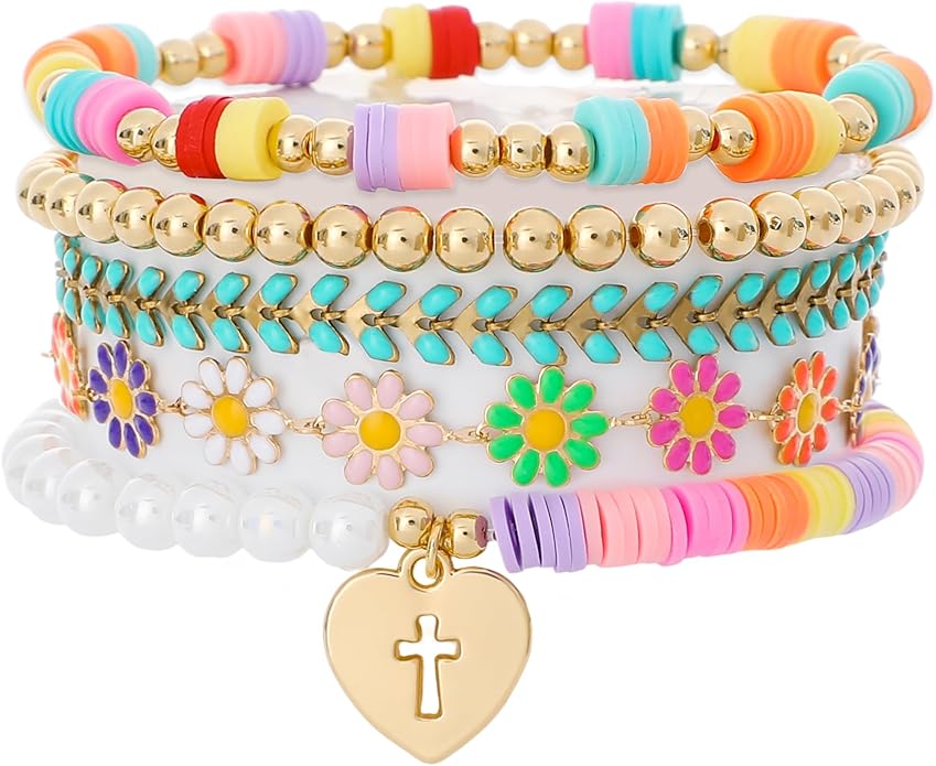 Heishi Beaded Stretch Bracelets for Women Stackable Polymer Clay Beads Bracelets Friendship Boho Summer Beach Bracelet Jewelry Set