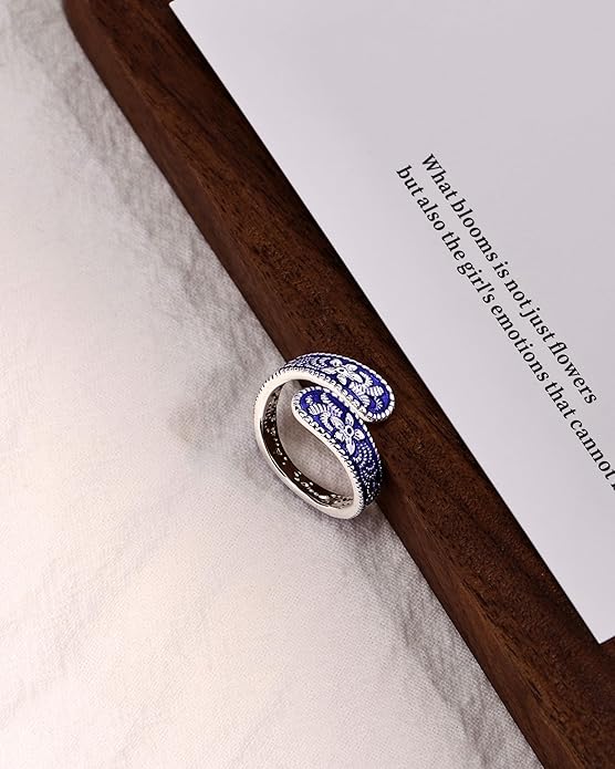 Vintage 14K Gold Plated and Silver Spoon Ring – Adjustable Ring with Carving Design for Women, Unique Boho Open Ring for Gift