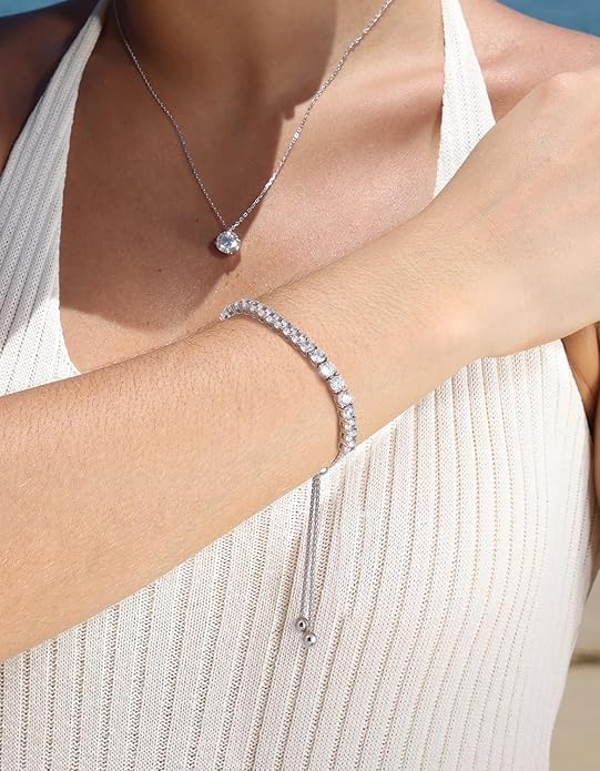 KRKC&CO Tennis Bracelet, Adjustable Length S925 Sterling Silver 2/3/4mm, Christmas Birthday Gifts for Her, Gift Box, Cubic Zirconia Bolo Bracelets for Women White/14K Gold Plated, Hypoallergenic