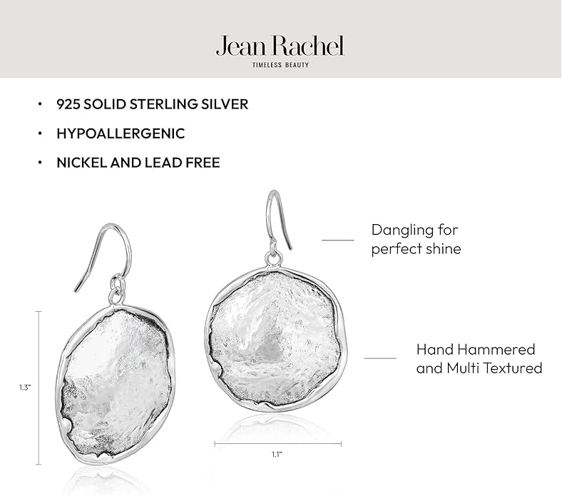 JEAN RACHEL JEWELRY Hammered Earrings for Women - 925 Sterling Silver Dangle Statement, Hypoallergenic, Lead & Nickel Free jewelry (Circle Earrings)