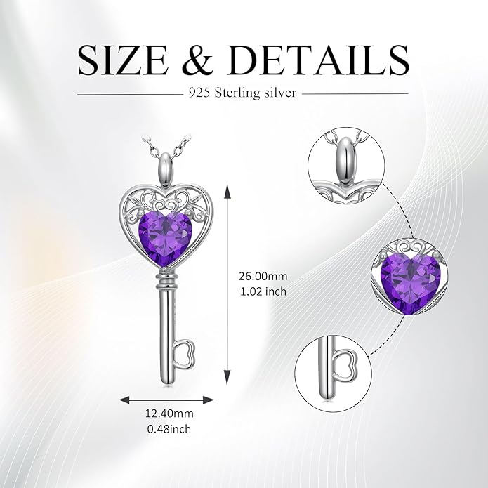 WSX Heart Key Birthstone Necklace for Women 925 Sterling Silver Love Key Pendant with Birthstone Valentine's Day Anniversary Jewelry Gift for Her