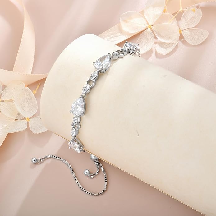 Teardrop Birthstone Bracelet for Women, S925 Sterling Silver Pear Cut Cubic Zirconia Bracelet Dainty Adjustable Chain Jewelry Gift for Her