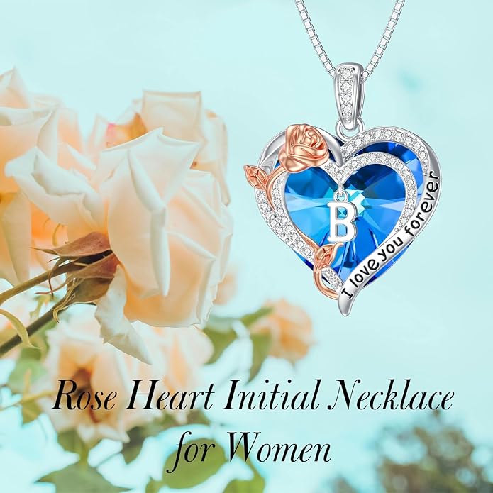 PELOVNY Rose Heart Initial Necklaces for Women S925 Sterling Silver Alphabet Letter Crystal Necklace Initial Pendant Jewelry Gifts for Mom Daughter Wife