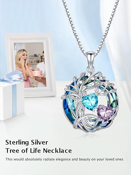 TOUPOP s925 Sterling Silver Family Celtic Tree of Life Pendant Necklaces with 2 Heart Birthstone with Blue Austrian Crystal Jewelry Birthday Valentines Day Gifts for Her, Anniversary Christmas Gifts for Wife Girlfriend Mom (18K Real White Gold Filled)