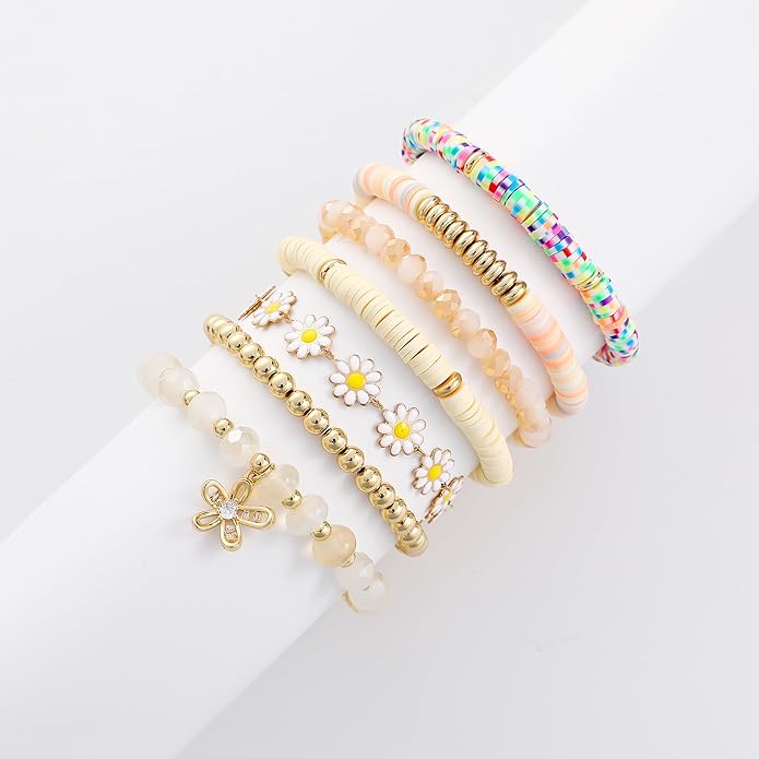Heishi Beaded Stretch Bracelets for Women Stackable Polymer Clay Beads Bracelets Friendship Boho Summer Beach Bracelet Jewelry Set