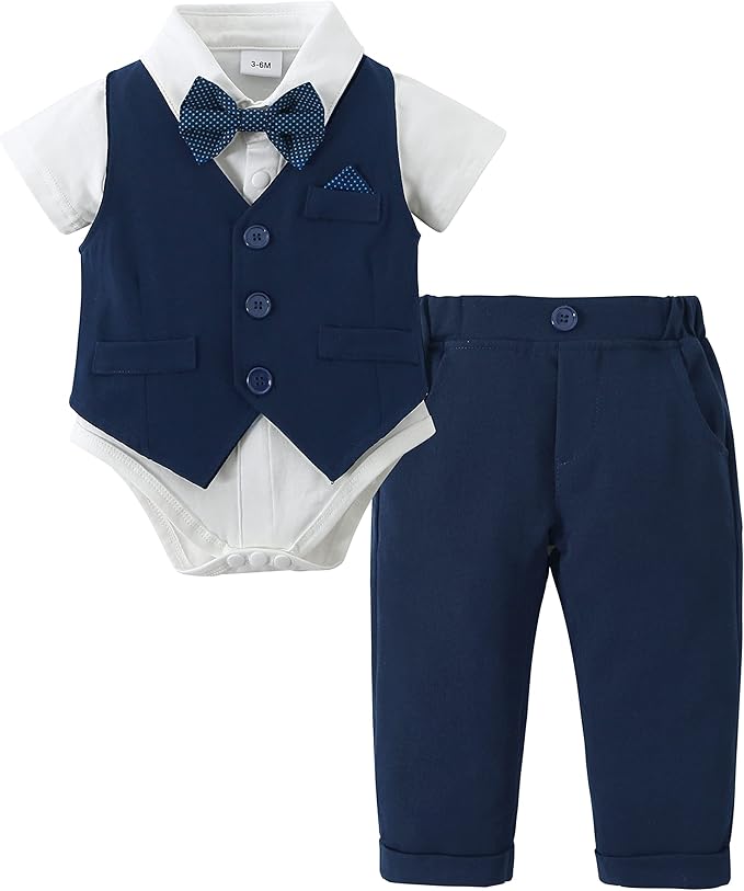 DISAUR Baby Boy Clothes Toddler Boy Outfits 4PCS Gentleman Dress Romper/Vest/Pants/Bow Tie Cotton Suit Sets