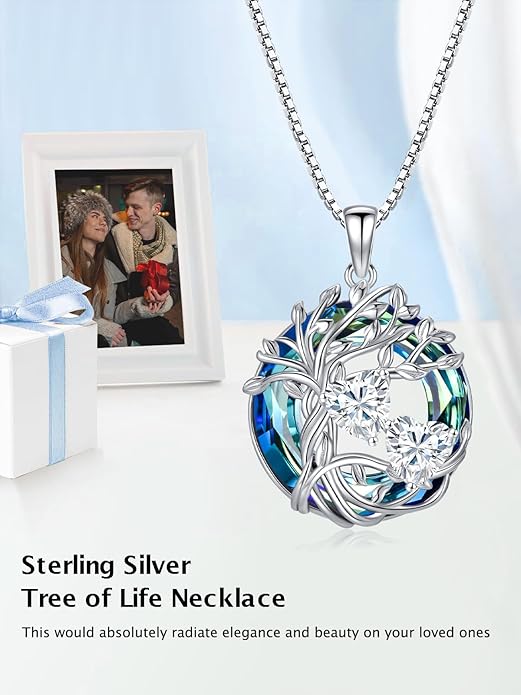 TOUPOP s925 Sterling Silver Family Celtic Tree of Life Pendant Necklaces with 2 Heart Birthstone with Blue Austrian Crystal Jewelry Birthday Valentines Day Gifts for Her, Anniversary Christmas Gifts for Wife Girlfriend Mom (18K Real White Gold Filled)