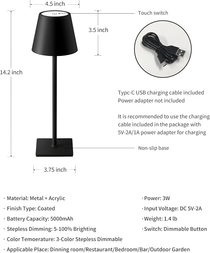 KDG Cordless Black Table Lamp, Portable Desk Lamp, 5000mAh Battery Operated | - Image 5