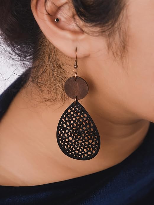 MINACHI Bohemian Hollow Cut-Out Wood Leather Dangle Drop Earrings, Boho Chic Hippie Statement Jewelry Gift for Women