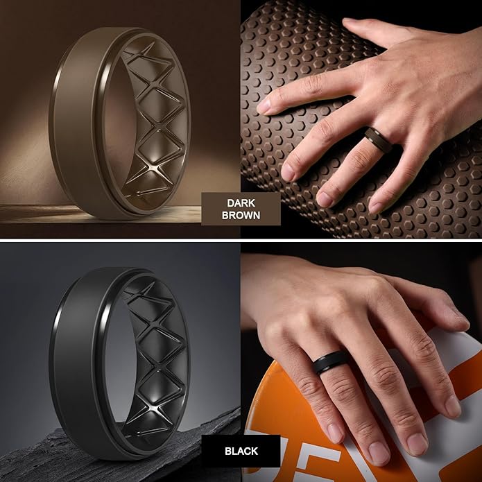 Egnaro Men's Rings 8.5mm Wide-2mm Thick Inner Arc Ergonomic Breathable Rubber Wedding bands-Hypoallergenic for Gym/Outdoor/Gift((1-7 Variety Pack with Half Size)