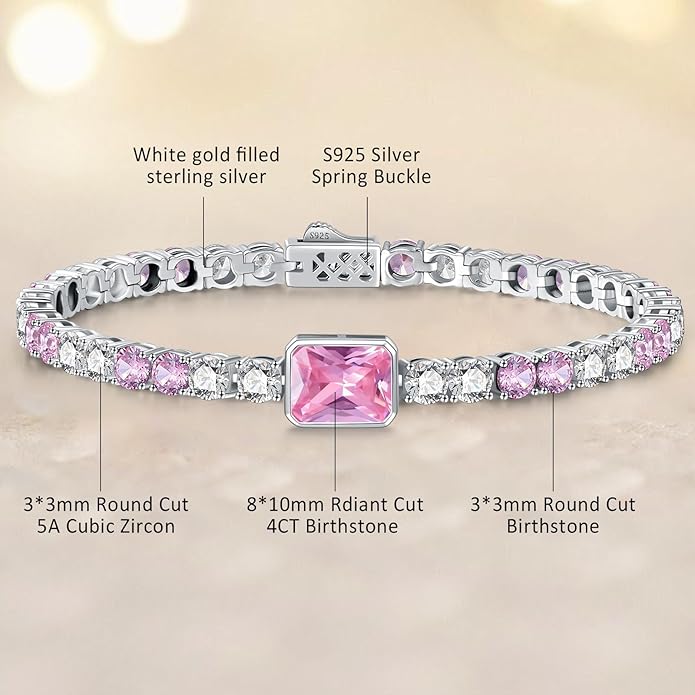 Birthstone Bracelets for Women Birthday Gifts 4CT Radiant Cut Birthstone 4mm Sterling Silver White Gold Tennis Bracelets for Women Round Cut 5A Cubic Zirconia Bezel Setting 7 Inch